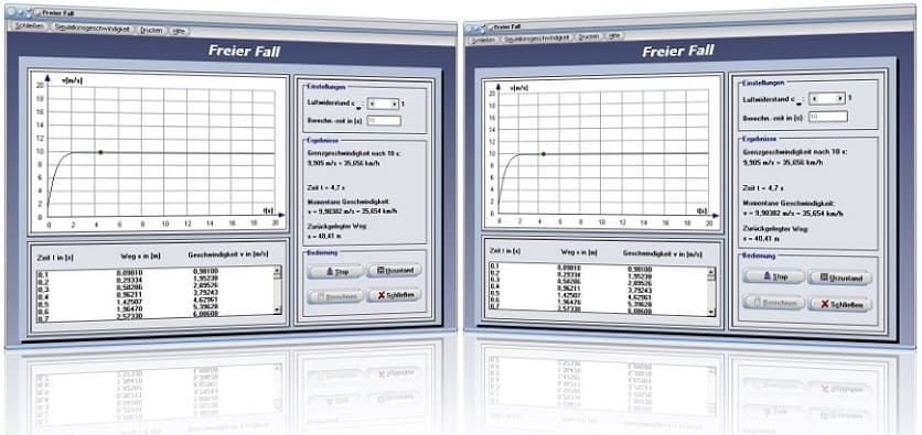 PhysProf - Freier Fall - Berechnen - Geschwindigkeit - Luftwiderstand - Graph - Weg - Masse - Physik - Simulator - Zeit - Fallgeschwindigkeit - v-t-Diagramm - Fallbeschleunigung - Masse - Luftwiderstandskraft - Luftwiderstandsbeiwert - Gewichtskraft - Luftreibung - Grafisch - Rechner