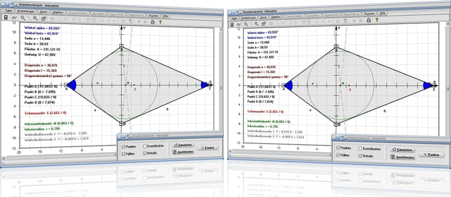 MathProf - Drachenviereck - Umfang - Fläche - Diagonalen - Diagonalenlänge - Diagonalenschnittpunkt - Schwerpunkt - Flächenschwerpunkt - Rechner - Berechnen - Zeichnen