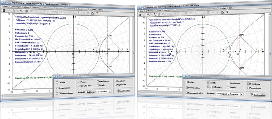 MathProf - Kegelschnitt - Polar - Polarkoordinaten - Polarform - Ellipse - Parabel - Hyperbel - Asymptoten - Brennstrahlen - Rechner - Berechnen - Darstellen - Zeichnen - Plotten
