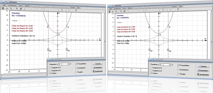 MathProf - Kettenlinie - Kettenlinien - Bestimmen - Bogen - Traktrix - Funktion - Länge - Formel - Gleichung - Konstruieren - Länge - Mathematik - Definition - Graph - Rechner - Berechnen - Darstellen - Zeichnen
