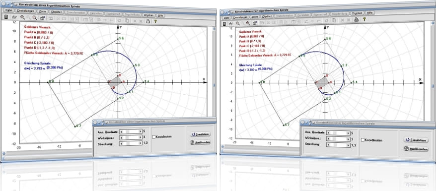 MathProf - Logarithmische Spirale - Konstruktion - Konstruieren - Goldener Schnitt - Gleichung - Formel - Berechnen - Darstellen - Zeichnen - Plotten 