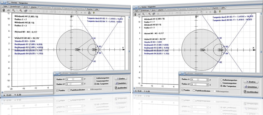 MathProf - Kreise - Zwei Kreise - Zweier Kreise - Konstruktion - Tangenten - Tangentengleichung - Bestimmen - Außentangenten - Innentangenten - Rechner - Berechnen - Darstellen - Zeichnen - Berührpunkte 