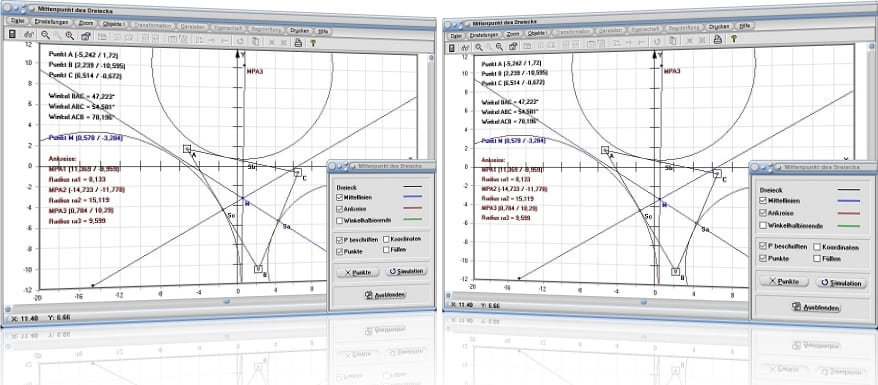 MathProf - Mittenpunkt - Mittelpunkt - Dreieck - Mittellinien - Ankreise - Winkelhalbierende - Rechner - Berechnen - Darstellen - Zeichnen - Grafisch