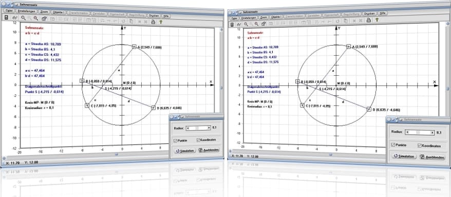 Sehnensatz - Sehnen - Sehnenabschnitt - Strecke - Strecken - Produkt - Diagonalen - Schnittpunkt - Kreis - Definition - Graph - Rechner - Berechnen - Darstellen - Zeichnen