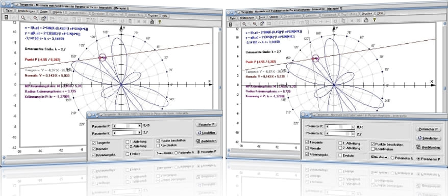 MathProf - Funktion - Parameterform - Parameterdarstellung - Parameter - Kurve - Graph - Darstellen - Zeichnen - Plotten - Tangente - Normale - Krümmung - Krümmungskreis - 1. Ableitung - 2. Ableitung - Rechner - Berechnen - Evolute