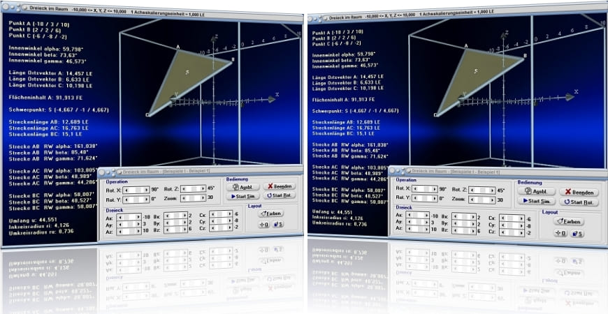 MathProf - Dreieck - Raum - Räumlich - 3D - Eigenschaften - Rechner - Berechnen - Darstellen - Zeichnen - Oberfläche - Seite - Höhe - Länge - Breite - Fläche