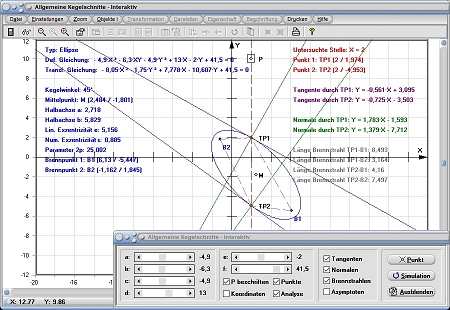 MathProf - Allgemeiner Kegelschnitt - Allgemeine Kegelschnitte - Ellipse - Parabel - Hyperbel - Gleichung - Gleichungen - Mittelpunkt - Halbachse - Parameter - 2p - Rechner - Berechnen - Zeichnen