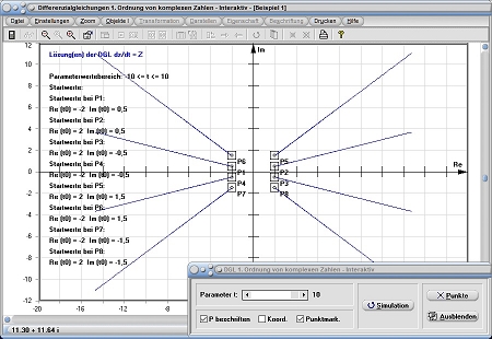 MathProf - Komplex - Komplexe Zahlen - Differentialgleichung - Differentialgleichungen - Lösungskurve - Kurve - Gekoppelte Differenzialgleichung - DGL - 1. Ordnung - Berechnen - Graph - Grafisch - Plotter - Parameter - Rechner