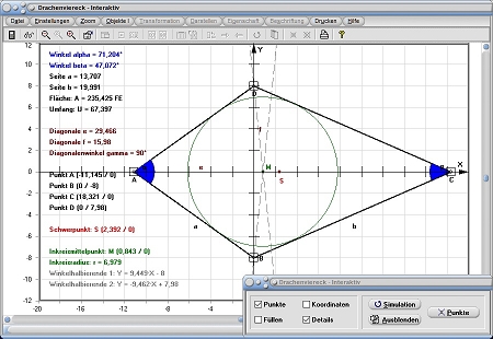 MathProf - Drachenviereck - Mittellinie - Winkelsymmetrale - Mittelparallele - Länge - Breite - Höhe - Seite - Ebene Figuren - Rechner - Berechnen - Zeichnen