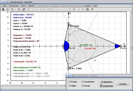 MathProf - Drachenviereck - Merkmale - Höhenberechnung - Umfang - Mittelpunkt - Grundseite - Flächeninhaltsberechnung - Geometrische Eigenschaften - Rechner - Berechnen - Zeichnen