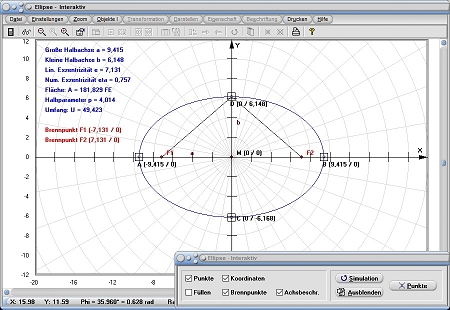 MathProf - Ellipse - Mittelpunkt - Scheitelpunkte - Umfang - Brennpunkt - Plotter - Formel - Beispiel - Koordinaten - Fläche - Definition - Graph - Berechnen - Rechner