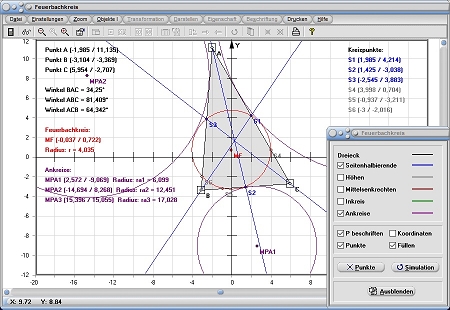 MathProf - Feuerbachkreis - Dreieck - Seitenhalbierende - Höhen - Rechner - Berechnen - Darstellen - Zeichnen - Grafisch