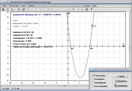MathProf - Quadratische Gleichung - Geometrisch - Lösung - Diskriminante - Scheitelpunkt - X - Y - Achse - Parabel - Kreis - Radius - Fläche - Definition - Graph - Rechner - Berechnen - Darstellen - Zeichnen