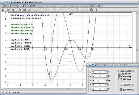 MathProf - Parabel 4. Grades - Gleichung 3. Grades - Gleichung 4. Grades - Gleichung 3. Ordnung - Gleichung 4. Ordnung - Gleichung 2. Grades - Rechner - Berechnen - Zeichnen - Lösungen