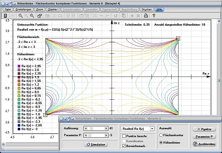 MathProf - Höhenschichtlinie - Höhenlinie - Höhenschichtlinien - Höhenprofil - Grafisch - Bild - Beispiele - Formel - Pivot - Komplexe Funktionen - Komplexe Funktion - Komplex - Berechnen - Rechner - Darstellen - Realteil - Imaginärteil - Betrag - Fläche