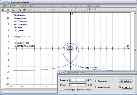 MathProf - Hyperbolische Spirale - Asymptote - Formel - Funktion - Gleichung - Definition - Graph - Konstruieren - Rechner - Berechnen - Darstellen - Zeichnen - Plotten