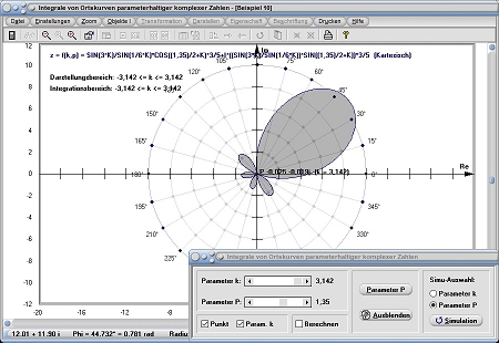 MathProf - Integral bilden - Bereich - Intervall - Orientierte Fläche - Berechnen - Bestimmtes Integral - Intervalle - Polarkoordinaten - Komplex - Ortskurve - Komplexe Funktion - Rechner - Plotter - Darstellen - Zeichnen