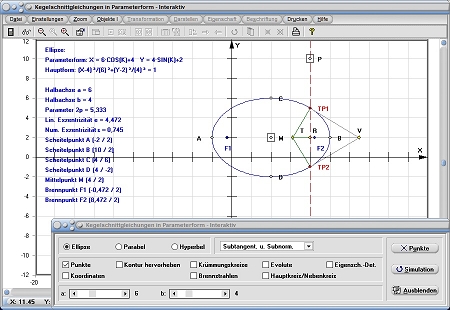 MathProf - Kegelschnitt - Kegelschnitte - Gleichung - Parameter - Parameterform - Ellipse - Hauptkreis - Asymptoten - Brennstrahlen - Evolute - Krümmungskreise - Rechner - Berechnen - Darstellen - Zeichnen - Plotten