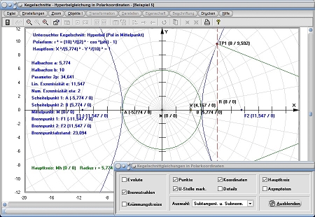 MathProf - Kegelschnitt - Polar - Polarkoordinaten - Polarform - Brennpunkt - Exzentrizität - Hyperbel - Asymptoten - Brennstrahlen - Rechner - Berechnen - Darstellen - Zeichnen - Plotten