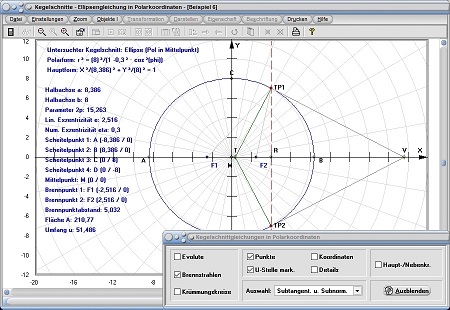 MathProf - Kegelschnitt - Polar - Polarkoordinaten - Polarform - Ellipse - Kreis - Asymptoten - Brennstrahlen - Rechner - Berechnen - Darstellen - Zeichnen - Plotten