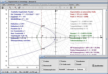 MathProf - Kegelschnitt - Parabel - Hauptkreis - Asymptoten - Brennstrahlen - Evolute - Krümmungskreise - Scheitellage - Rechner - Berechnen - Darstellen - Zeichnen