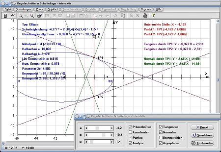 MathProf - Kegelschnitt - Ellipsen - Hauptkreis - Asymptoten - Brennstrahlen - Evolute - Krümmungskreise - Scheitellage - Rechner - Berechnen - Darstellen - Zeichnen
