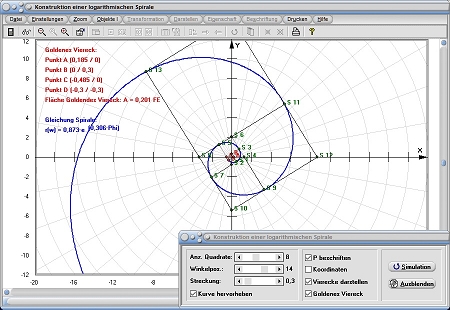 MathProf - Logarithmische Spirale - Quadrate - Viereck - Punkte - Konstruktion - Konstruieren - Goldener Schnitt - Gleichung - Formel - Berechnen - Darstellen - Zeichnen - Plotten 