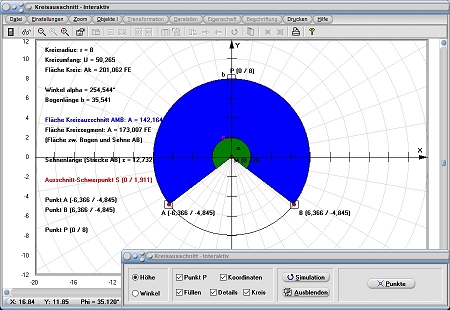 MathProf - Kreisausschnitt - Kreissektor - Kreisbogenlänge - Bogen - Bögen - Länge - Fläche - Schwerpunkt - Berechnen - Rechner - Zeichnen