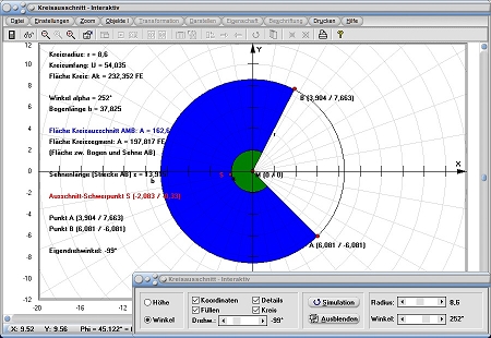 MathProf - Kreisausschnitt - Kreissektor - Kreisbogen - Kreisumfang - Kreisradius - Kreisfläche - Kreisbogenlänge - Berechnen - Rechner - Zeichnen