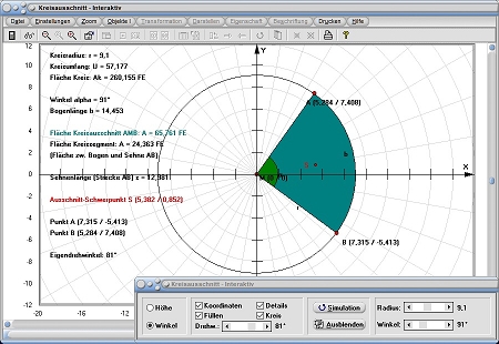 MathProf - Kreisausschnitt - Kreissektor - Kreisbogen - Kreisbögen - Kreisteile - Kreisausschnitt berechnen - Kreissehne - Berechnen - Rechner - Zeichnen