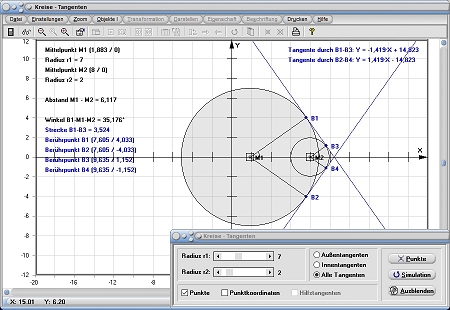 MathProf - Kreistangente - Kreistangenten - Tangentengleichung - Bestimmen - Berührpunkt - Tangentenabschnitte - Tangentenabschnitt - Winkel - Abstand - Radius - Gleichung - Rechner - Berechnen