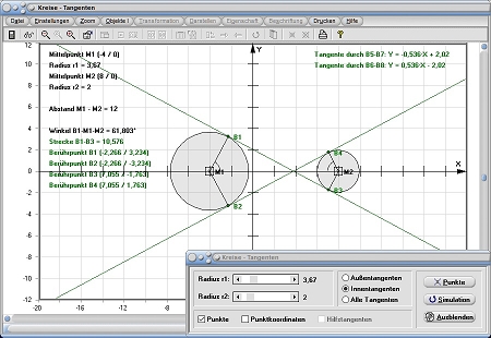 MathProf - Kreistangente - Kreistangenten - Berührpunkt - Tangentenabschnitte - Tangentenabschnitt - Winkel - Abstand - Radius - Gleichung - Rechner - Berechnen