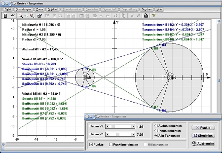 MathProf - Kreise - Zwei Kreise - Zweier Kreise - Konstruktion - Tangenten - Außentangenten - Innentangenten - Rechner - Berechnen - Darstellen - Zeichnen - Berührpunkte 