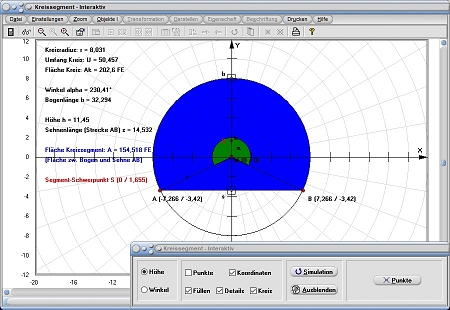 MathProf - Bogenelement - Flächeninhalt - Sehne - Kreis - Abschnitt - Segment - Zeichnen - Mittelpunkt - Umfang - Halbbogen - Winkel - Berechnen - Rechner - Zeichnen