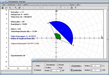MathProf - Kreissegment - Kreisabschnitt - Kreissehne - Höhe - Winkel - Fläche - Teilfläche - Bild - Schwerpunkt - Sehnenlänge - Winkel - Berechnen - Rechner - Zeichnen