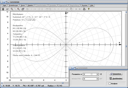 MathProf - Lemniskate - Scheitel - Punkt - Fläche - Formel - Funktion - Gleichung - Definition - Graph - Konstruieren - Rechner - Berechnen - Darstellen - Zeichnen - Plotten