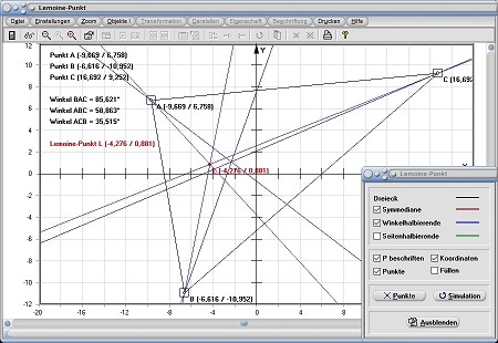 MathProf - Lemoine Punkt - Dreieck - Symmediane - Seitenhalbierende - Winkelhalbierende - Rechner - Berechnen - Darstellen - Zeichnen - Grafisch