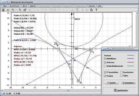 MathProf - Mittenpunkt - Mittelpunkt - Dreieck - Mittellinien - Ankreise - Winkelhalbierende - Rechner - Berechnen - Darstellen - Zeichnen - Grafisch