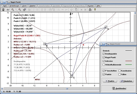 MathProf - Nagel-Punkt - Dreieck - Ankreise - Berührpunkte - Rechner - Berechnen - Darstellen - Zeichnen - Grafisch