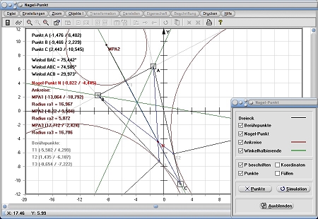 MathProf - Nagel-Punkt - Dreieck - Ankreise - Berührpunkte - Rechner - Berechnen - Darstellen - Zeichnen - Grafisch