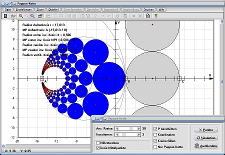 Pappos-Kette - Pappus-Kette - Berührende Kreise - Invertierter Kreis - Rechner - Berechnen - Darstellen - Zeichnen