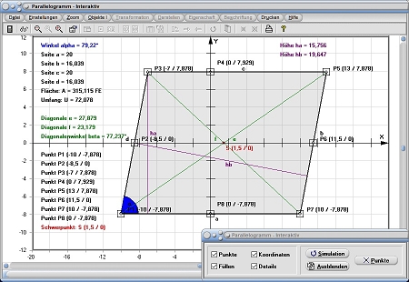 MathProf - Parallelogramm - Parallelogramme - Mittelsenkrechte - Merkmale - Höhenberechnung - Umfang - Mittelpunkt - Grundseite - Flächeninhaltsberechnung - Rechner - Berechnen - Zeichnen