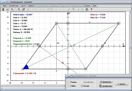 MathProf - Parallelogramm - Parallelogramme - Umfang - Fläche - Diagonalen - Diagonalenlänge - Diagonalenschnittpunkt - Schwerpunkt - Flächenschwerpunkt  - Rechner - Berechnen - Zeichnen