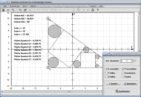 MathProf - Quadrate - Kreise - Fläche - Rechtwinkliges Dreieck - Rechner - Berechnen - Darstellen - Zeichnen - Grafisch