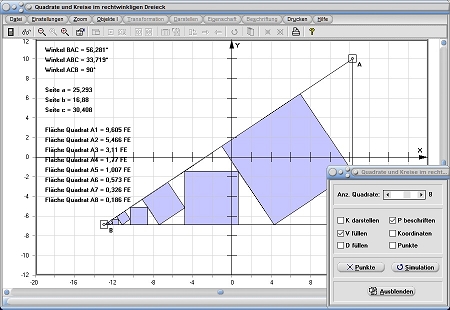 MathProf - Quadrate - Kreise - Fläche - Seite - Winkel - Rechtwinkliges Dreieck - Rechner - Berechnen - Darstellen - Zeichnen - Grafisch
