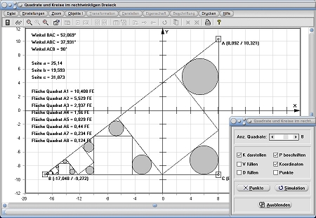 MathProf - Quadrate - Kreise - Fläche - Seite - Winkel - Rechtwinkliges Dreieck - Rechner - Berechnen - Darstellen - Zeichnen - Grafisch