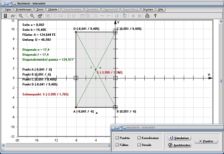 MathProf - Rechteck - Quadrat - Rechtecke - Quadrate - Mittelpunkt - Grundseite - Flächeninhaltsberechnung - Geometrische Eigenschaften - Mittellinie -  - Rechteck - Quadrat - Rechtecke - Quadrate - Winkelsymmetrale - Mittelparallele - Länge - Breite - Höhe - Seite- Rechner - Berechnen - Zeichnen