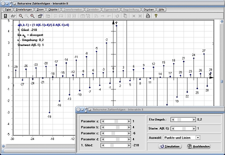 MathProf - Rekursive Zahlenfolge - Folge - Rekusiv - Divergente Zahlenfolge - Argumente - Parameter - Graph - Plotten - Bild - Berechnen - Eigenschaften - Darstellung - Berechnung - Darstellen - Zeichnen