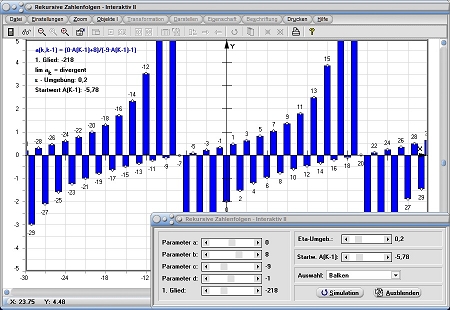 MathProf - Rekursive Zahlenfolge - Folge - Rekusiv - Divergente Zahlenfolge - Argumente - Parameter - Graph - Plotten - Bild - Berechnen - Eigenschaften - Darstellung - Berechnung - Darstellen - Zeichnen