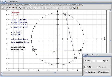 MathProf - Sehnensatz - Sehnen - Strecke - Strecken - Produkt - Diagonalen - Schnittpunkt - Kreis - Definition - Graph - Rechner - Berechnen - Darstellen - Zeichnen